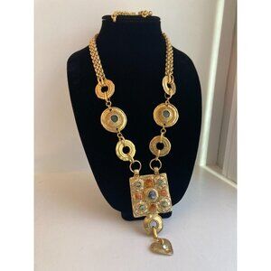 Vintage CLAIRE DEVE Gold Metal Double Chain Etruscan Statement Runway Necklace